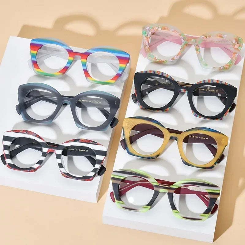 Hewei Women's Full Rim Square Cat Eye Frosted Acetate Eyeglasses 19388 Full Rim Hewei