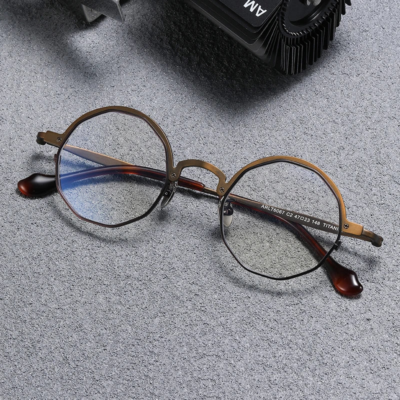 Black Mask Unisex Full Rim Irregular Round Titanium Eyeglasses T6067 Full Rim Black Mask Brown-Black