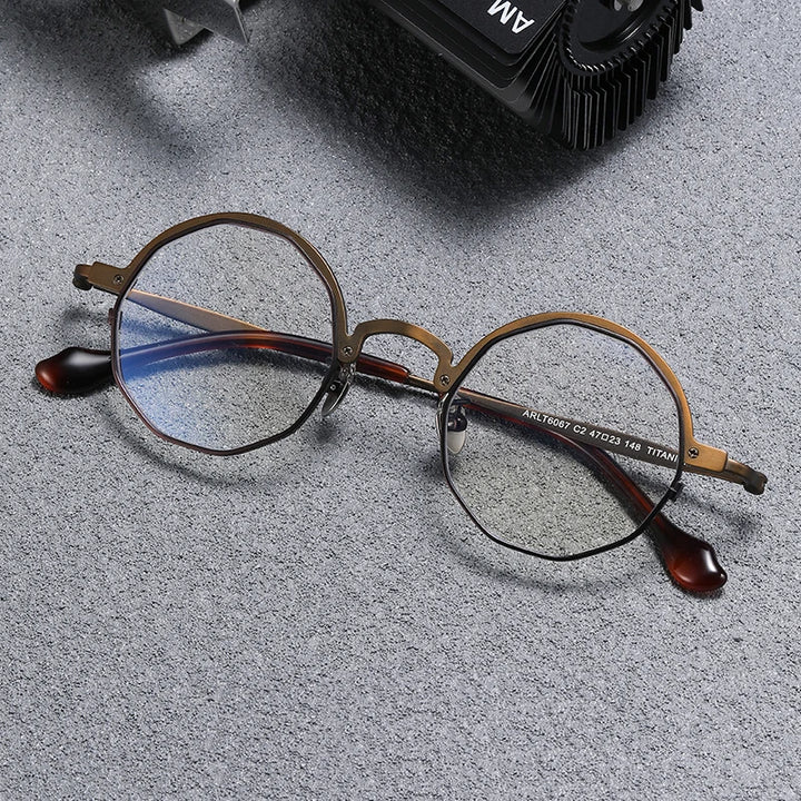 Black Mask Unisex Full Rim Irregular Round Titanium Eyeglasses T6067 Full Rim Black Mask Brown-Black