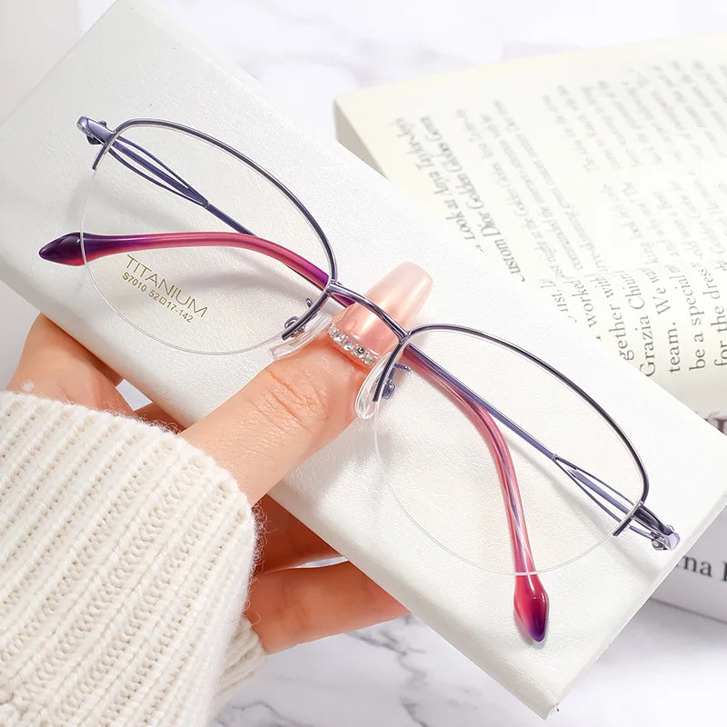 Vicky Women's Semi Rim Polygon Oval Titanium Reading Glasses 57010