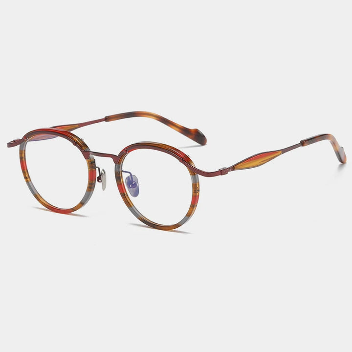 Gatenac Unisex Full Rim Round Acetate Titanium Eyeglasses Gxyj1158 Full Rim Gatenac Red Stripe