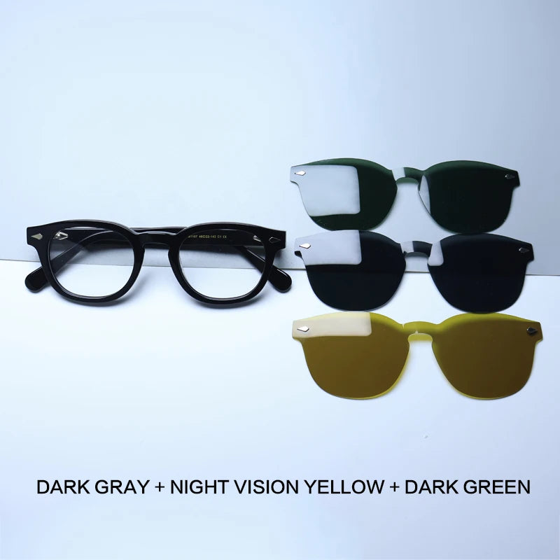 Gatenac Unisex Full Rim Round Acetate Eyeglasses Polarized Clip On Sunglasses 1145 With Clip Ons Gatenac Black 3 Clips