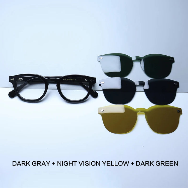 Gatenac Unisex Full Rim Round Acetate Eyeglasses Polarized Clip On Sunglasses 1145 With Clip Ons Gatenac Black 3 Clips