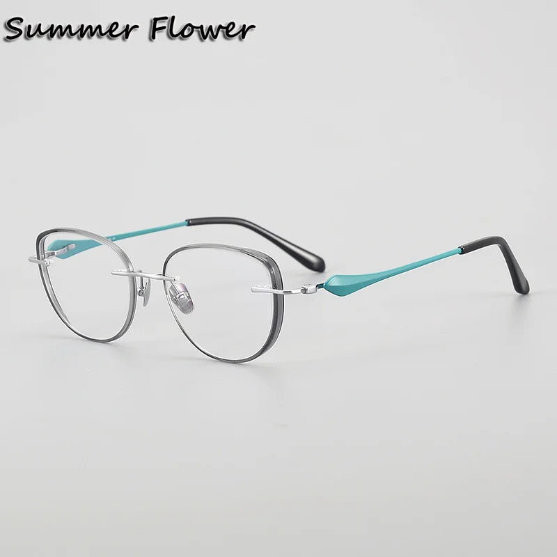 Summer Flower Unisex Full Rim Flat Top Oval Titanium Eyeglasses 842017 Full Rim Summer Flower Light Green-Silver