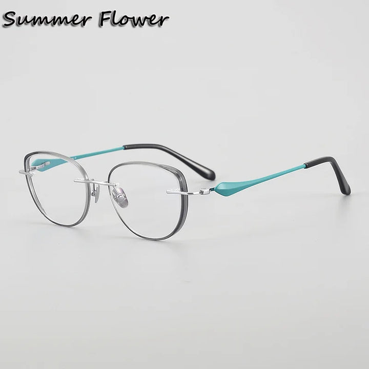 Summer Flower Unisex Full Rim Flat Top Oval Titanium Eyeglasses 842017 Full Rim Summer Flower Light Green-Silver