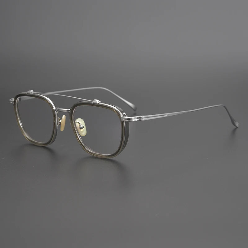 Black Mask Unisex Full Rim Double Bridge Titanium Square Acetate Eyeglasses 9025 Full Rim Black Mask Brown-Silver