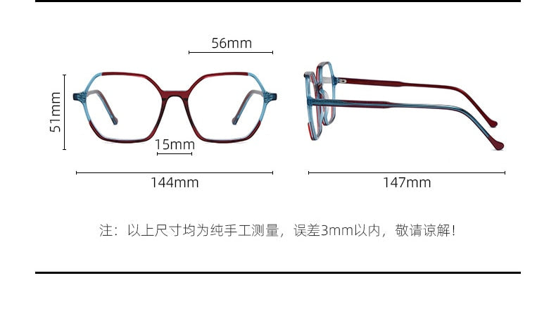 CCspace Unisex Full Rim Polygon Acetate Fiber Spring Hinge Eyeglasses 55992 Full Rim CCspace