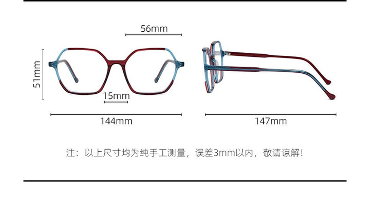 CCspace Unisex Full Rim Polygon Acetate Fiber Spring Hinge Eyeglasses 55992 Full Rim CCspace