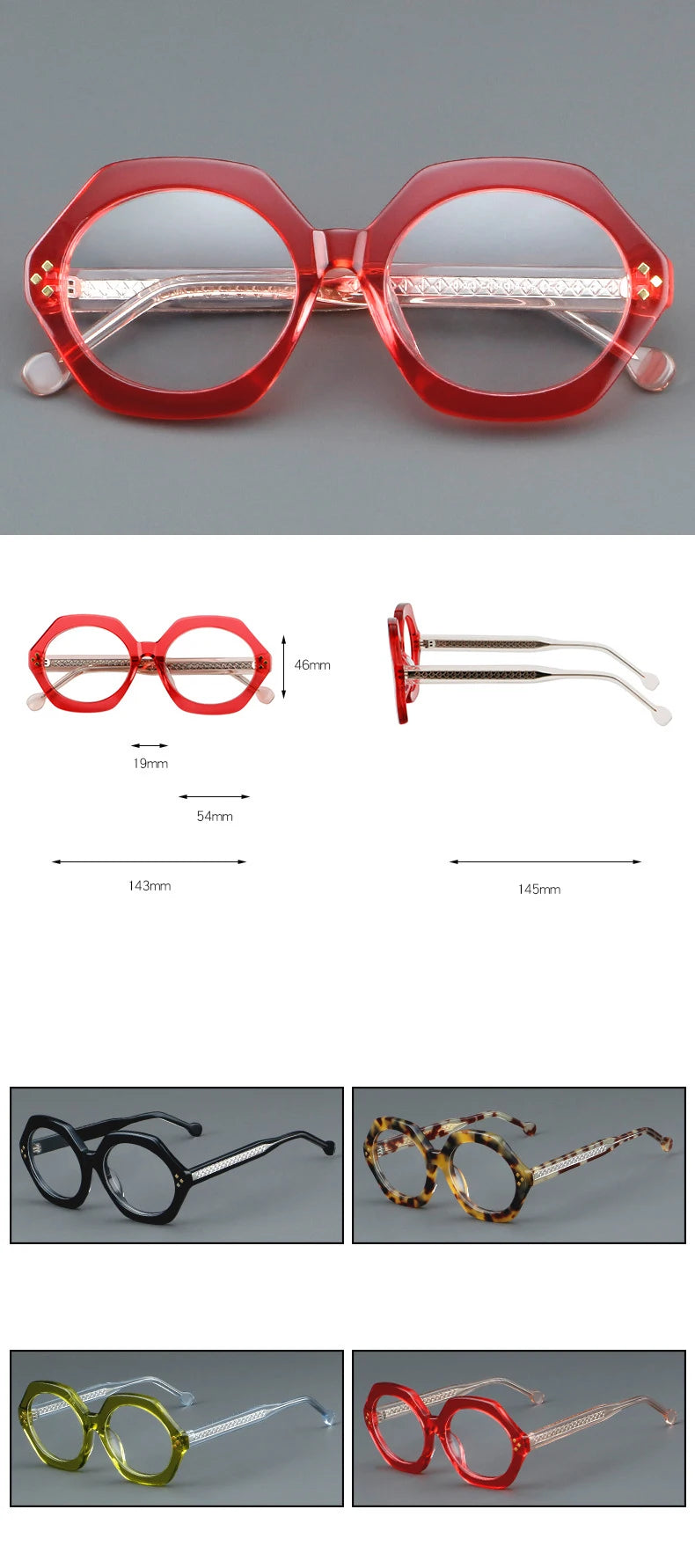 CCspace Unisex Full Rim Large Flat Top Round Acetate Eyeglasses 57286 Full Rim CCspace