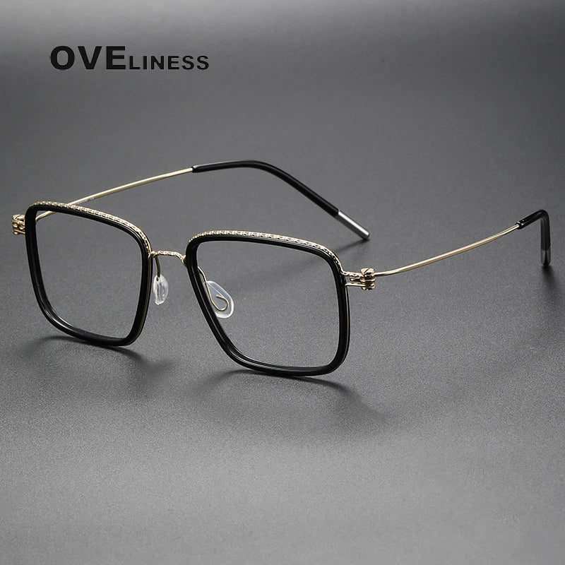 Oveliness Unisex Full Rim Square Screwless Acetate Titanium Eyeglasses 80890 Full Rim Oveliness black gold  