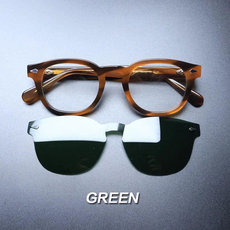 Gatenac Unisex Full Rim Round Acetate With Clip On Sunglasses 1237 With Clip Ons Gatenac Turtle Green