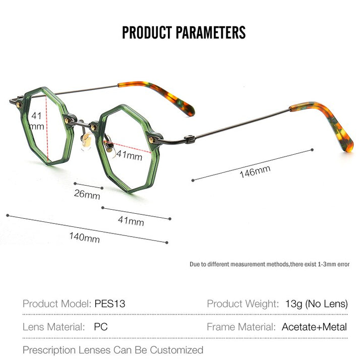 Muzz Unisex Full Rim Small Polygon Acetate Alloy Eyeglasses 013 Full Rim Muzz