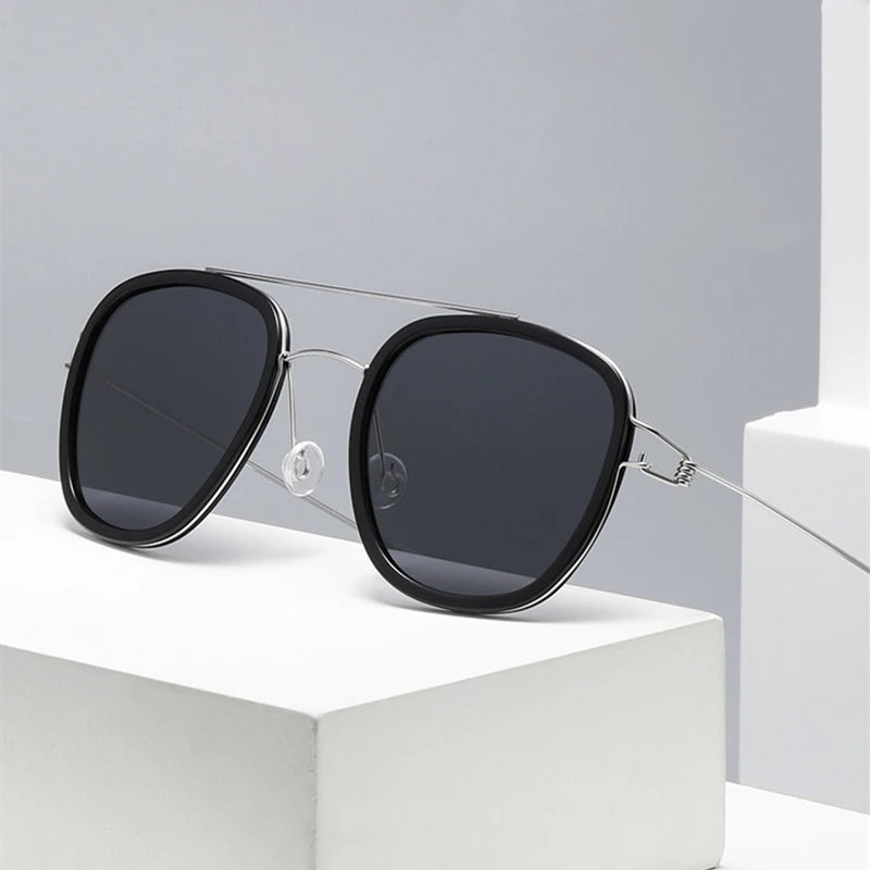 Black Mask Unisex Full Rim Square Double Bridge Titanium Sunglasses 8205 Full Rim Black Mask