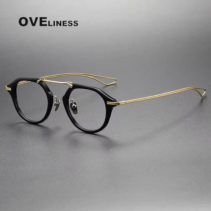 Oveliness Unisex Full Rim Polygon Acetate Titanium Eyeglasses 342119 Full Rim Oveliness black gold