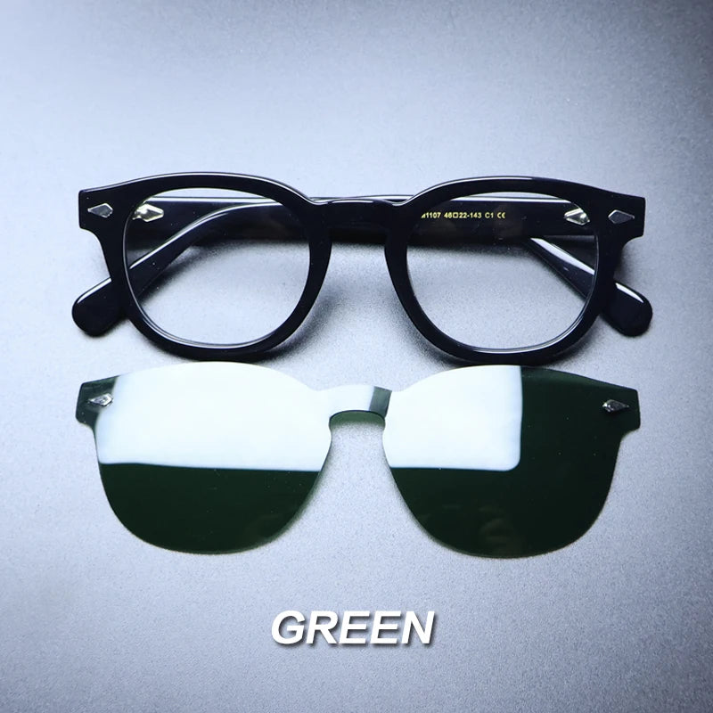 Gatenac Unisex Full Rim Round Acetate With Clip On Sunglasses 1237 With Clip Ons Gatenac Black Green Clips