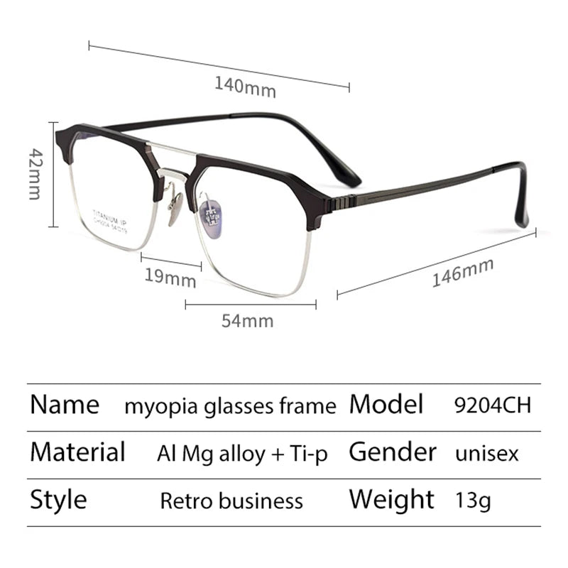 Handoer Men's Semi Rim Square Double Bridge Titanium Eyeglasses 9204 Semi Rim Handoer