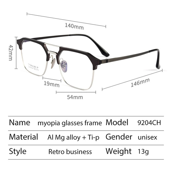 Handoer Men's Semi Rim Square Double Bridge Titanium Eyeglasses 9204 Semi Rim Handoer