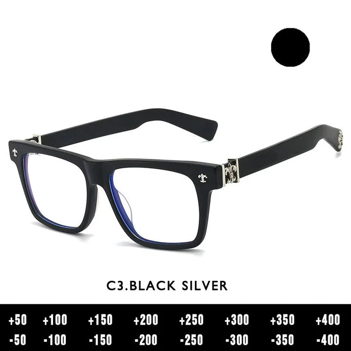 Kansept Men's Full Rim Square Thick Acetate Reading Glasses 742503 Reading Glasses Kansept C3 BLACK SILVER -150