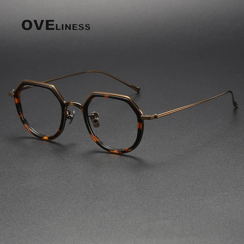 Oveliness Unisex Full Rim Polygon Acetate Titanium Eyeglasses U136 Full Rim Oveliness tortoise bronze