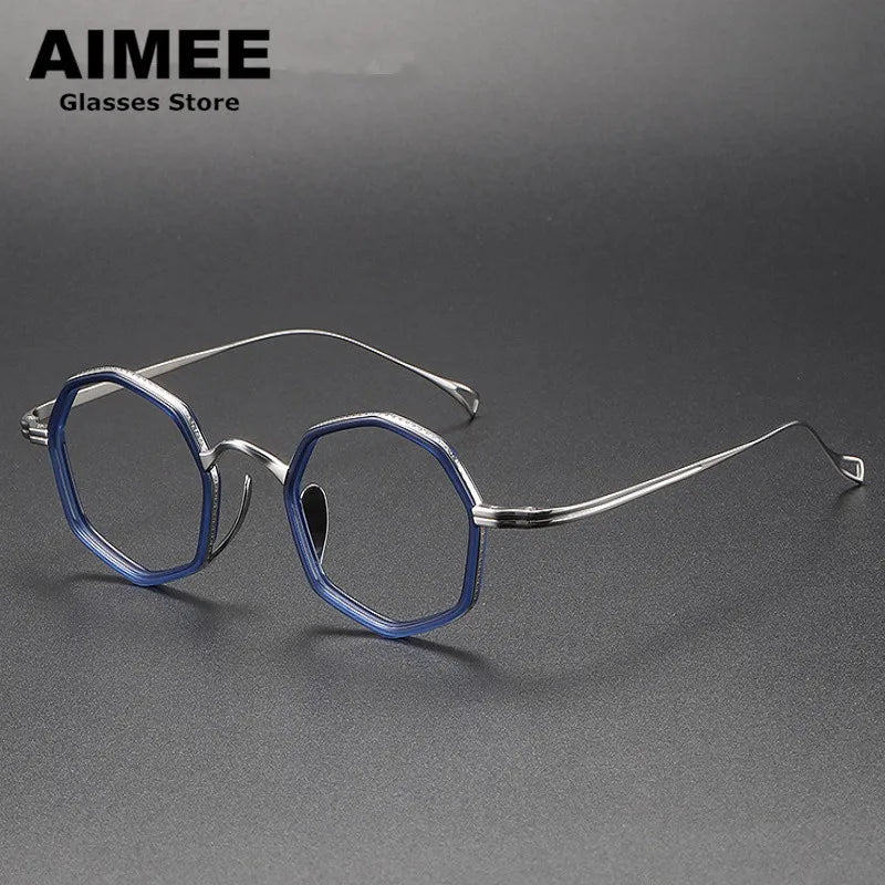 Aimee Unisex Full Rim Polygon Round Titanium Acetate Eyeglasses 80872 Full Rim Aimee Blue-Silver
