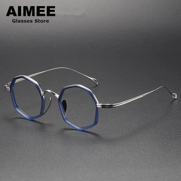 Aimee Unisex Full Rim Polygon Round Titanium Acetate Eyeglasses 80872 Full Rim Aimee Blue-Silver