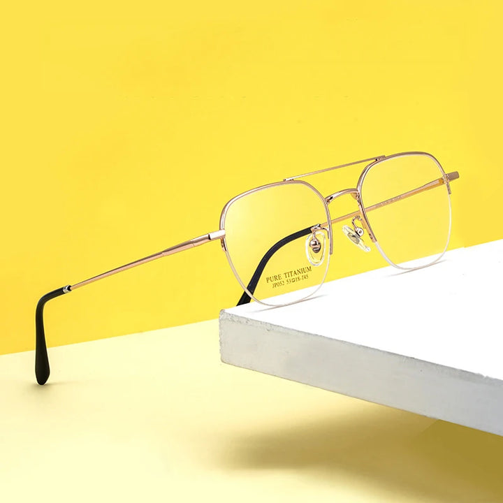 Gmei Unisex Semi Rim Square Double Bridge Titanium Eyeglasses P052 Semi Rim Gmei Optical