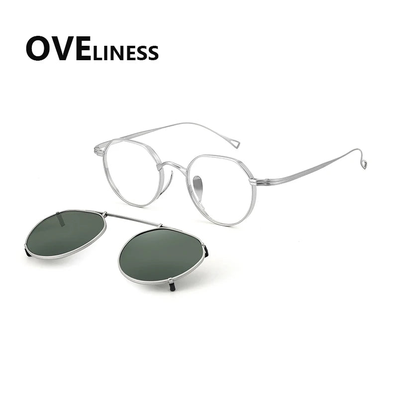 Oveliness Women's Full Rim Polygon Titanium Eyeglasses Clip On Sunglasses 29916