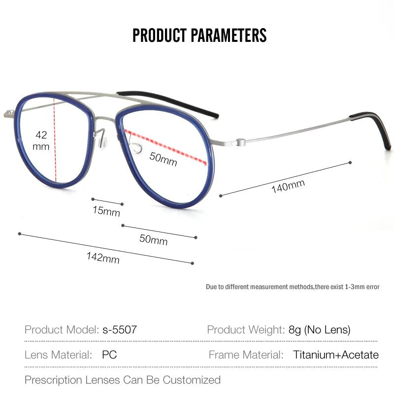 Muzz Unisex Full Rim Square Double Bridge Titanium Acetate Eyeglasses  5507 Full Rim Muzz
