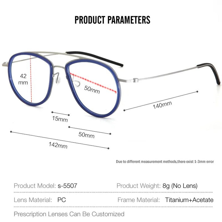Muzz Unisex Full Rim Square Double Bridge Titanium Acetate Eyeglasses  5507 Full Rim Muzz