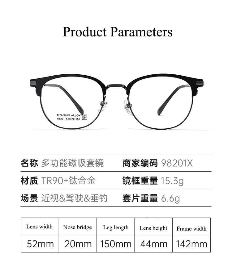 Bclear Unisex Full Rim Round Alloy Eyeglasses Clip On Polarized Sunglasses 9820 With Clip Ons Bclear