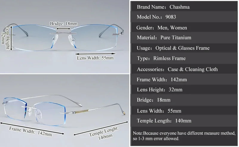 Chashma Men's Rimless Square Titanium Eyeglasses 59083