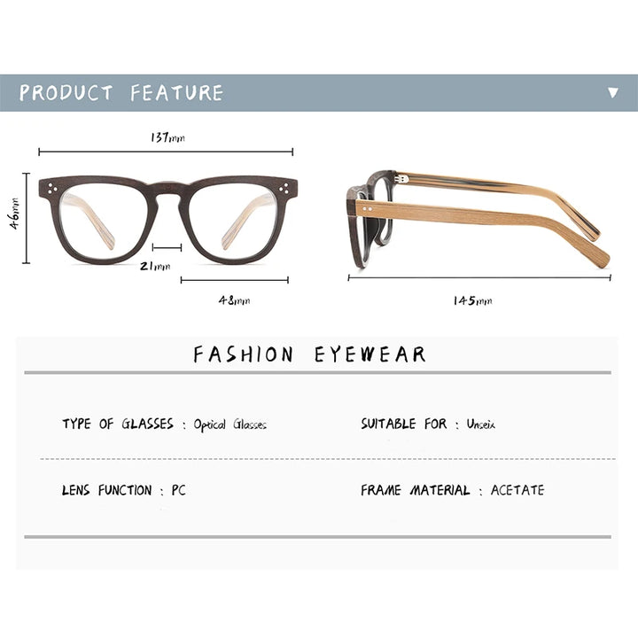 Hdcrafter Unisex Full Rim Square Wood  Eyeglasses 8182 Full Rim Hdcrafter Eyeglasses