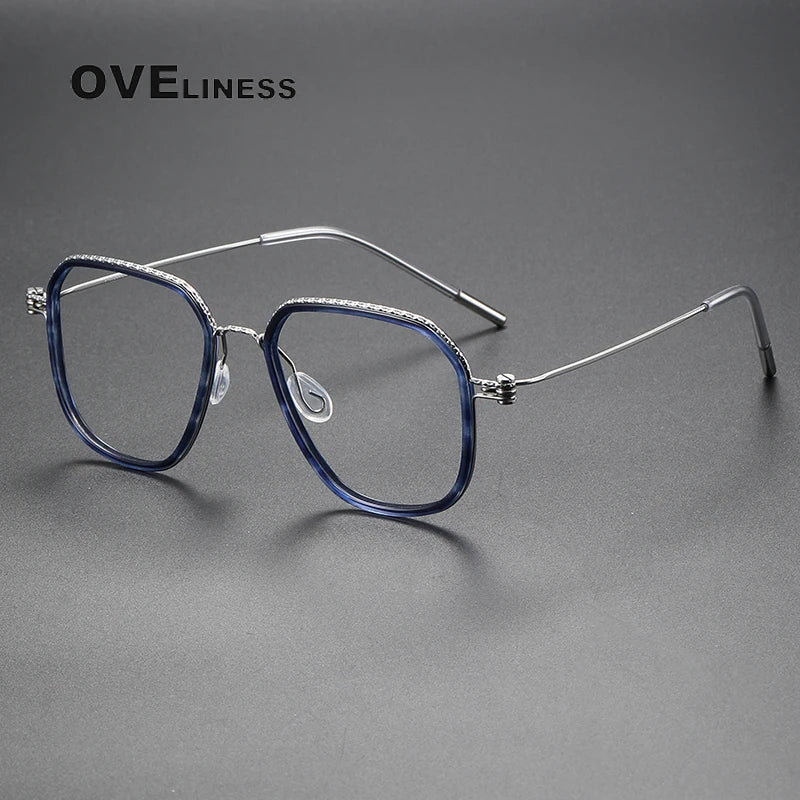 Oveliness Unisex Full Rim Flat Top Square Screwless Titanium Acetate Eyeglasses 80893 Full Rim Oveliness blue silver  