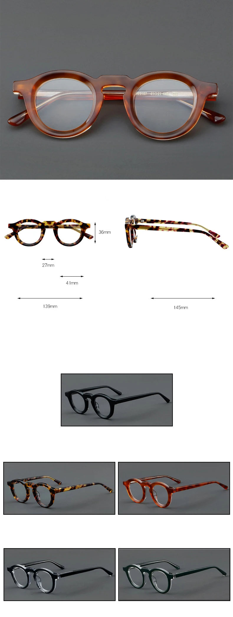 CCspace Unisex Full Rim Round Acetate Eyeglasses 57431 Full Rim CCspace
