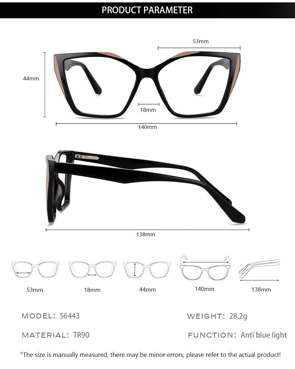 CCspace Unisex Full Rim Large Square Tr 90 Titanium Eyeglasses 56443 Full Rim CCspace