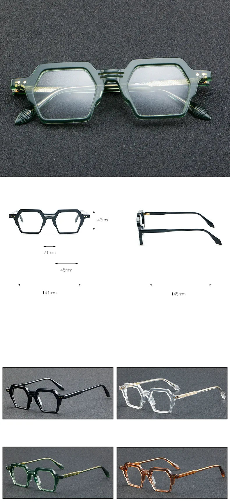 CCspace Unisex Full Rim Polygon Acetate Eyeglasses 56914 Full Rim CCspace
