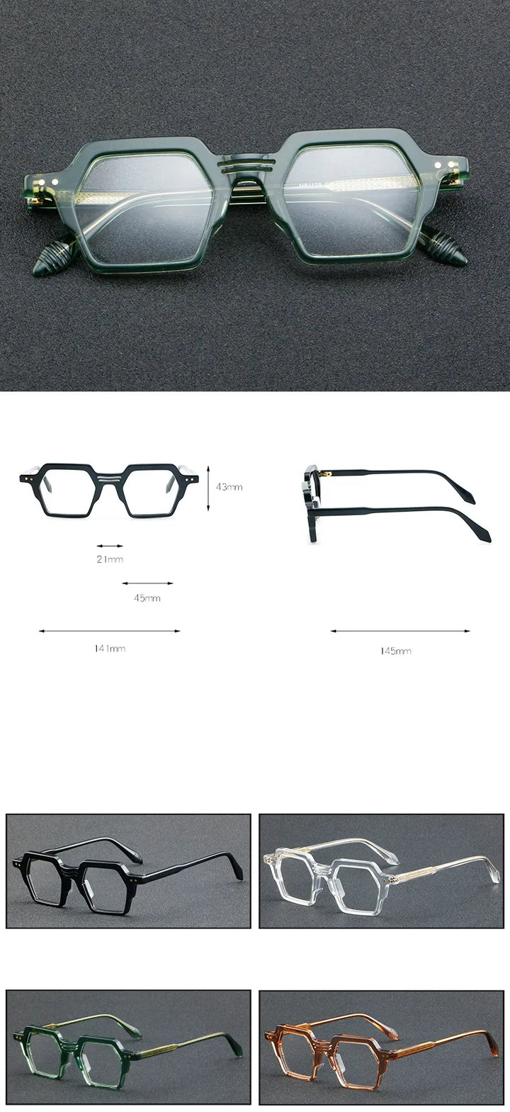 CCspace Unisex Full Rim Polygon Acetate Eyeglasses 56914 Full Rim CCspace