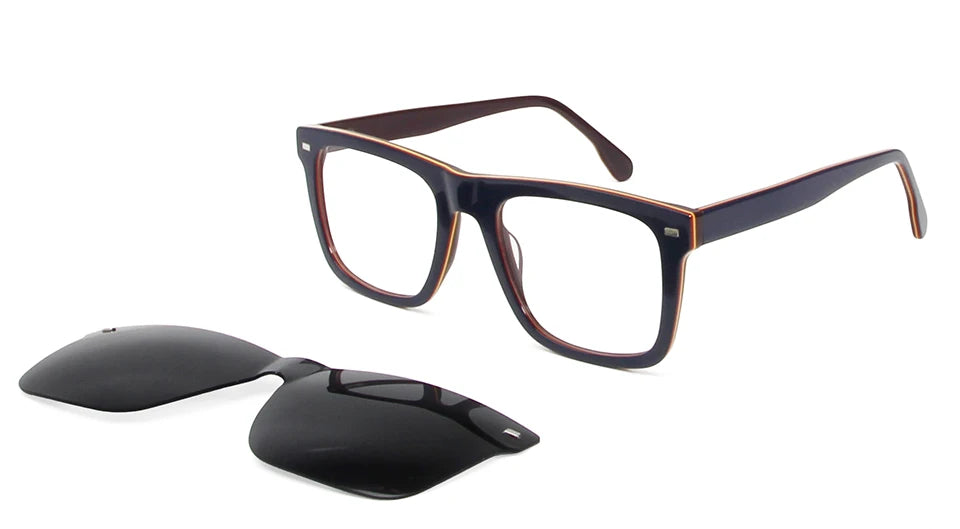 Esnbie Men's Full Rim Square Acetate Eyeglasses Clip On Sunglasses 423291