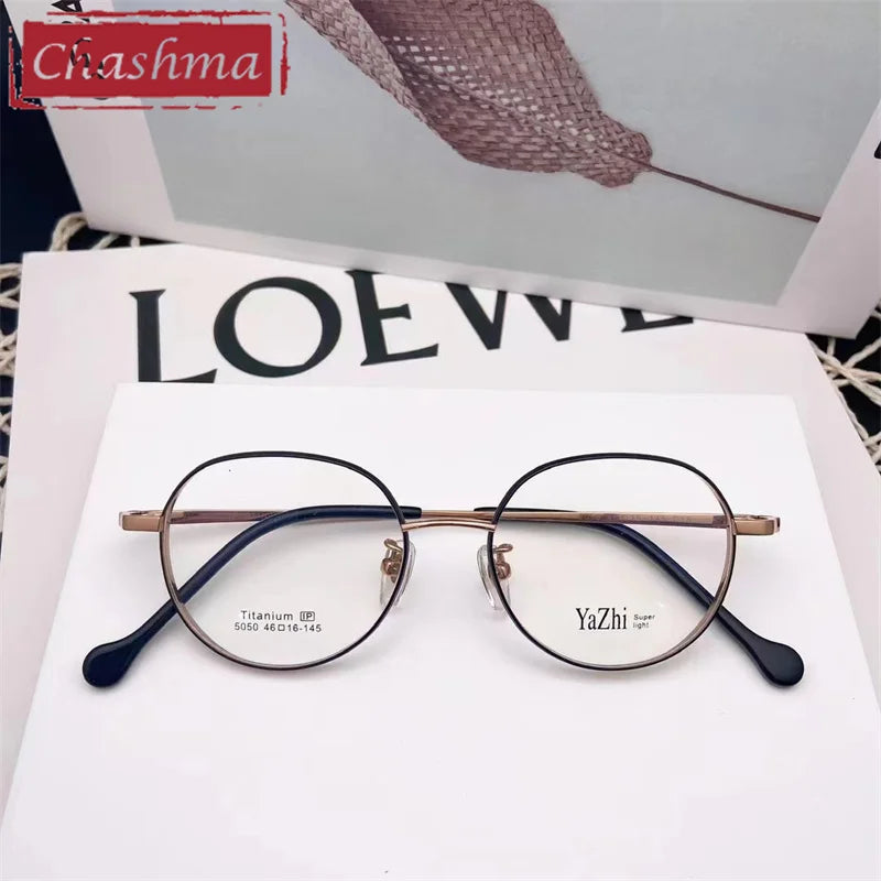 Chashma Ottica Unisex Full Rim Round Titanium Eyeglasses 5050 Full Rim Chashma Ottica Black Gold