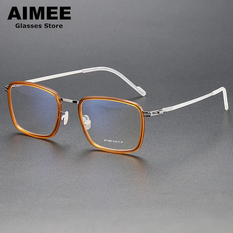 Aimee Unisex Full Rim Square Acetate Titanium Eyeglasses 81003 Full Rim Aimee Tea-Silver