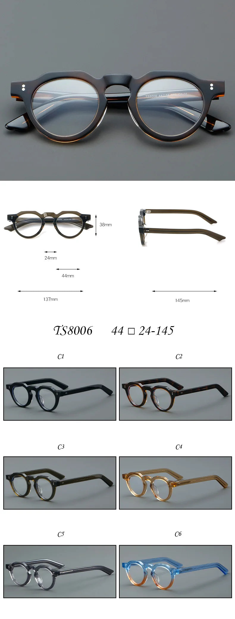 Nobler Unisex Full Rim Flat Top Round Thick Acetate Eyeglasses 8006 Full Rim Nobler