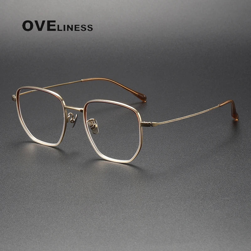 Oveliness Unisex Full RIm Square Acetate Titanium Eyeglasses 8512 Full Rim Oveliness tea gold  