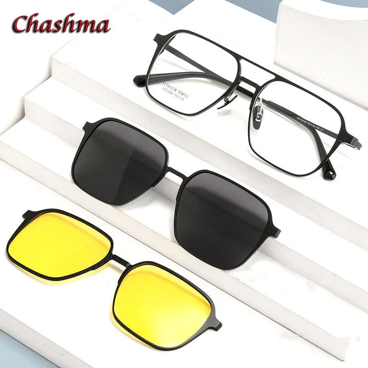 Chashma Ochki Unisex Full Rim Square Double Bridge Titanium Eyeglasses Clip On Sunglasses 372046