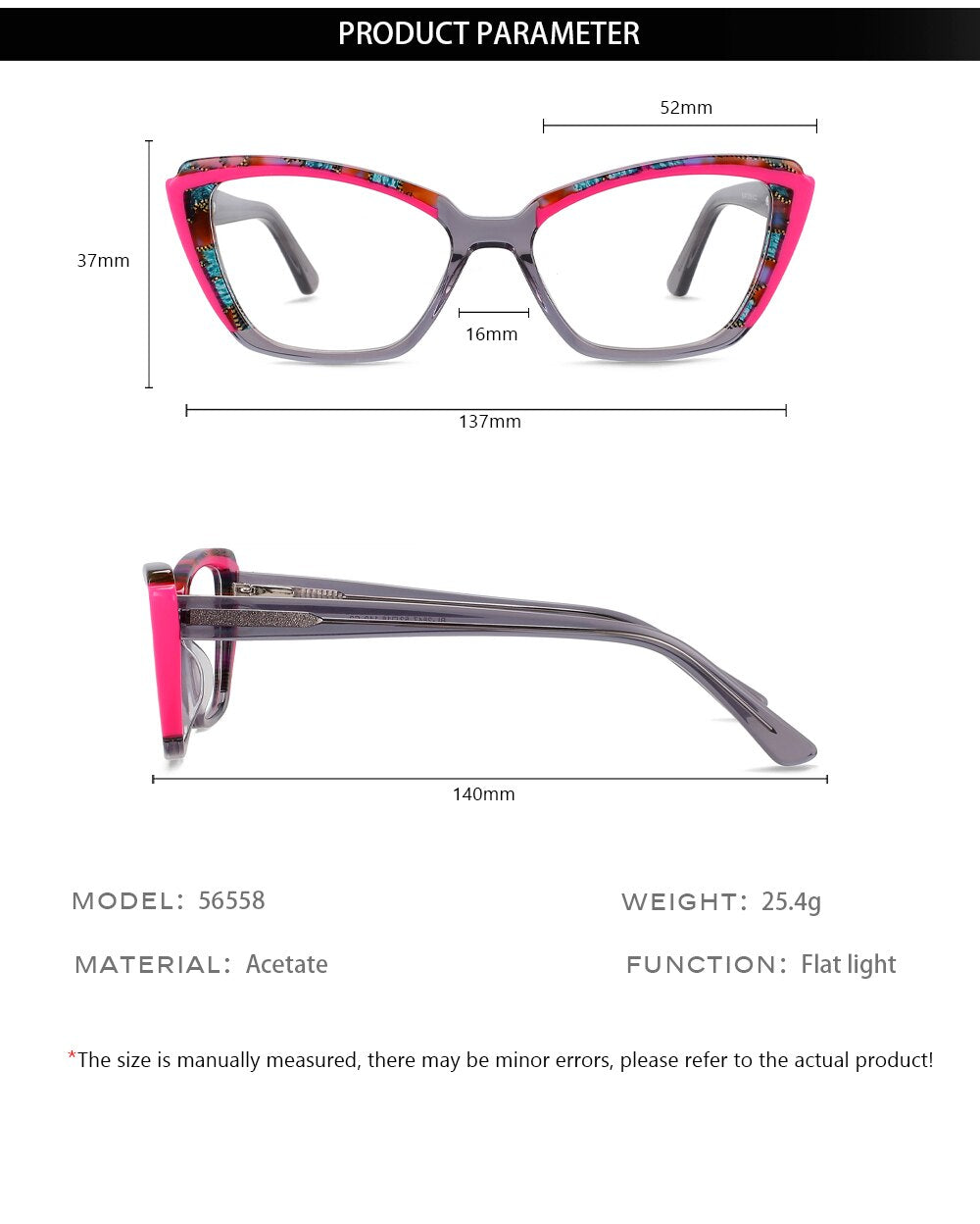 CCspace Unisex Full Rim Square Cat Eye Acetate Eyeglasses 56558 Full Rim CCspace