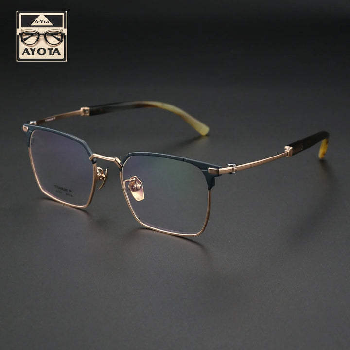 Hewei Unisex Full Rim Square Horn Temple Tip Titanium Eyeglasses 41849