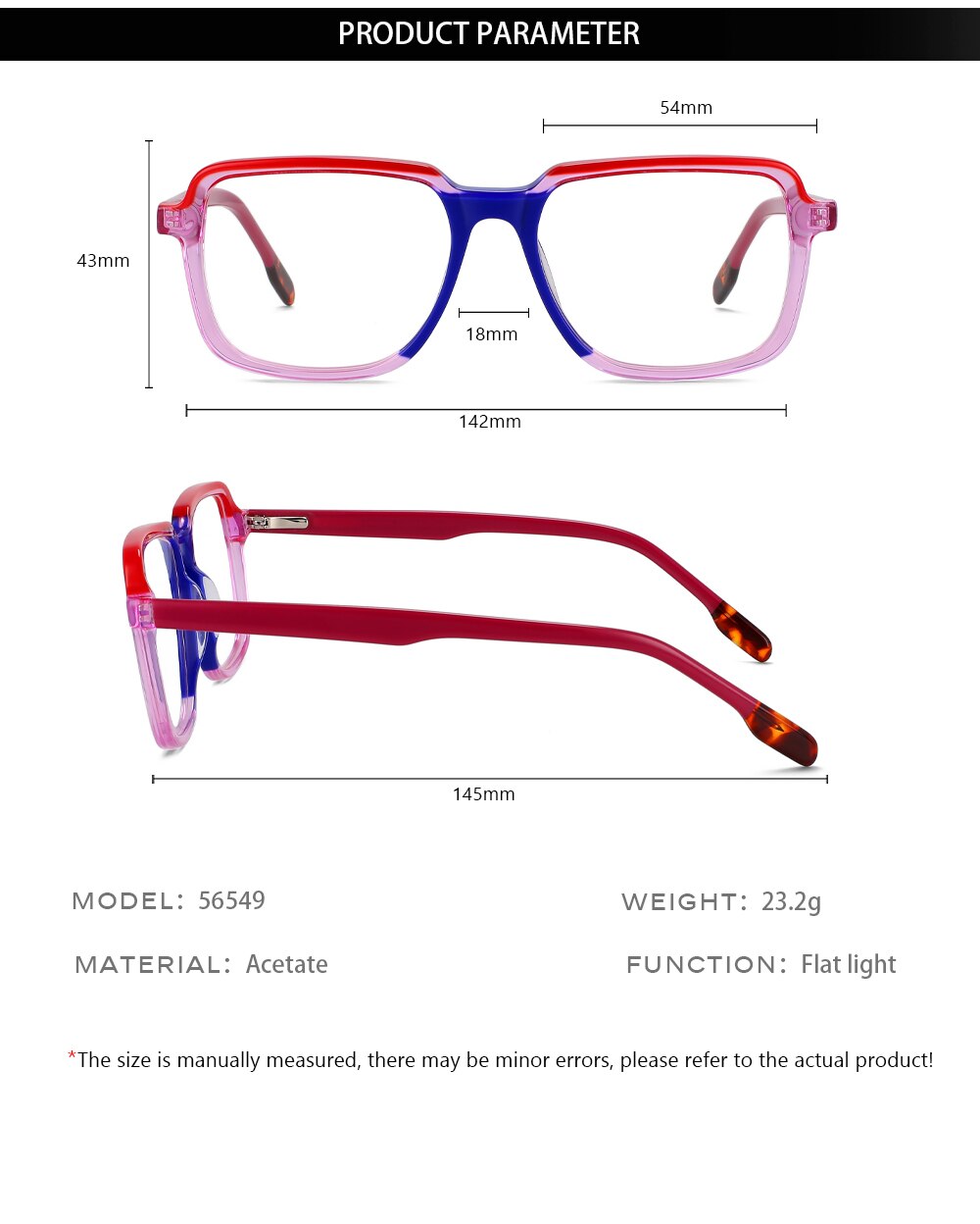 CCspace Unisex Full Rim Square Acetate Eyeglasses 56549 Full Rim CCspace