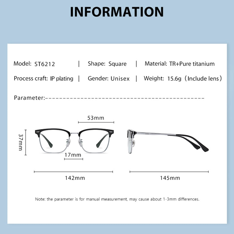 Zirosat Men's Semi Rim Square Tr 90 Titanium Eyeglasses St6212 Semi Rim Zirosat