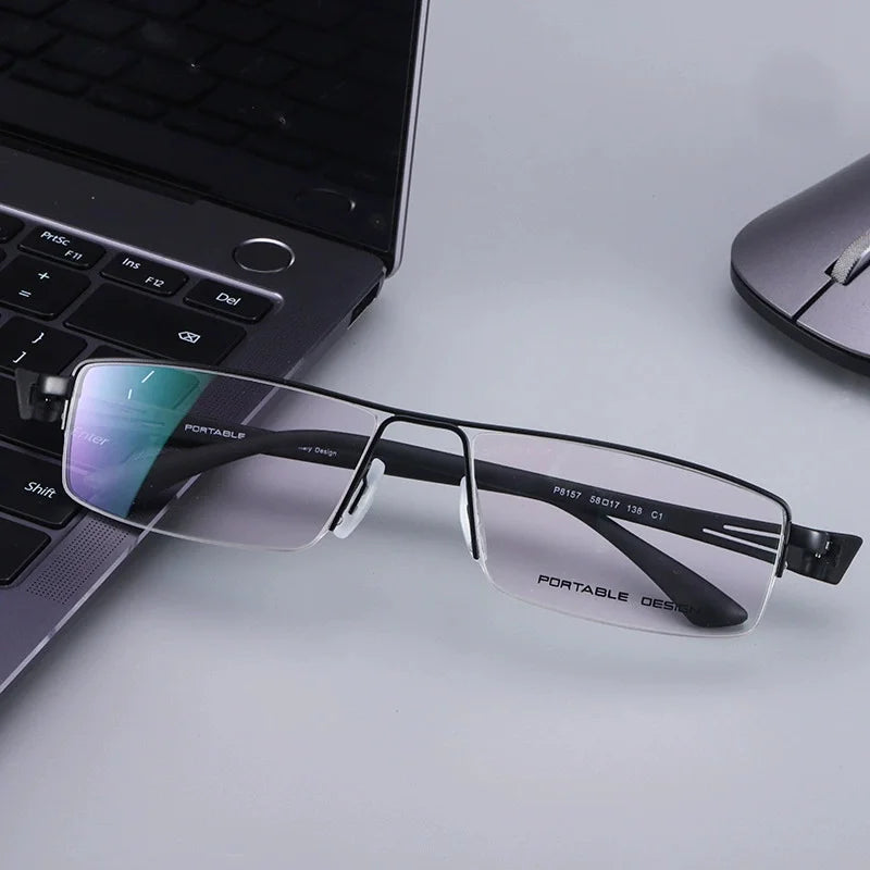 Hdcrafter Unisex Semi Rim Big Square Titanium Eyeglasses 88157 Semi Rim Hdcrafter Eyeglasses black