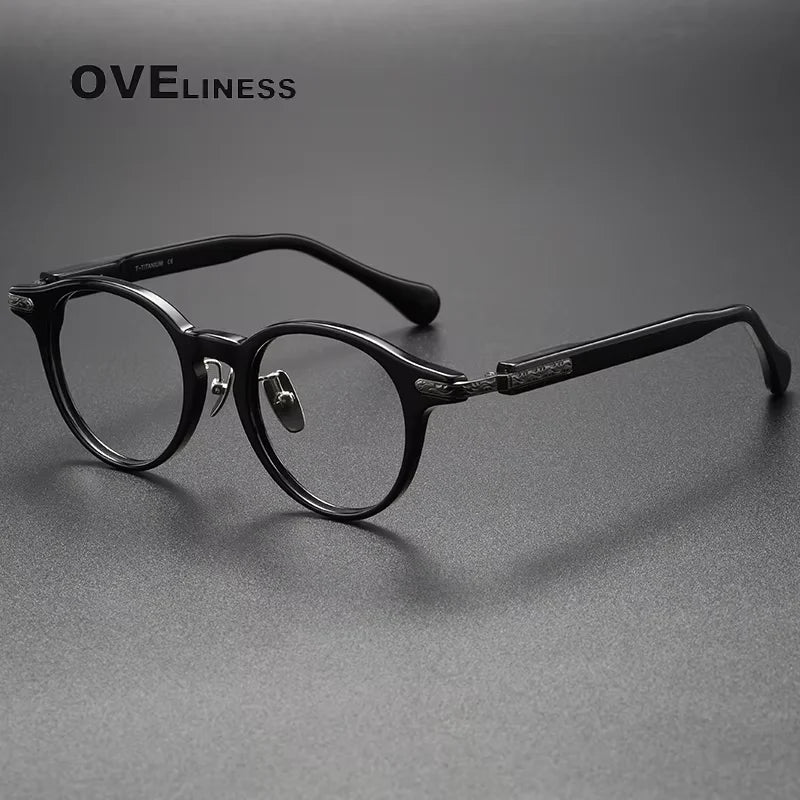 Oveliness Unisex Full Rim Round Oval Acetate Titanium Eyeglasses 80853 Full Rim Oveliness black gun