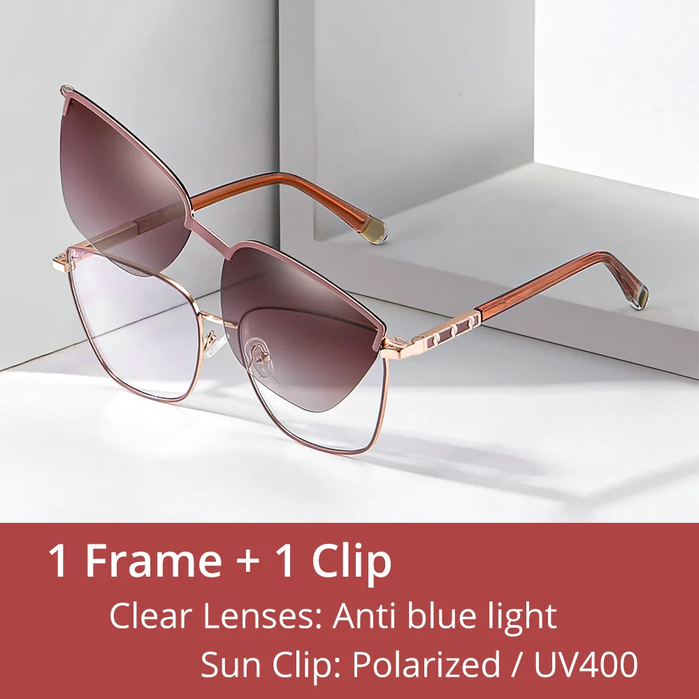 Ralferty Women's Full Rim Square Alloy Eyeglasses Clip On Sunglasses 85009